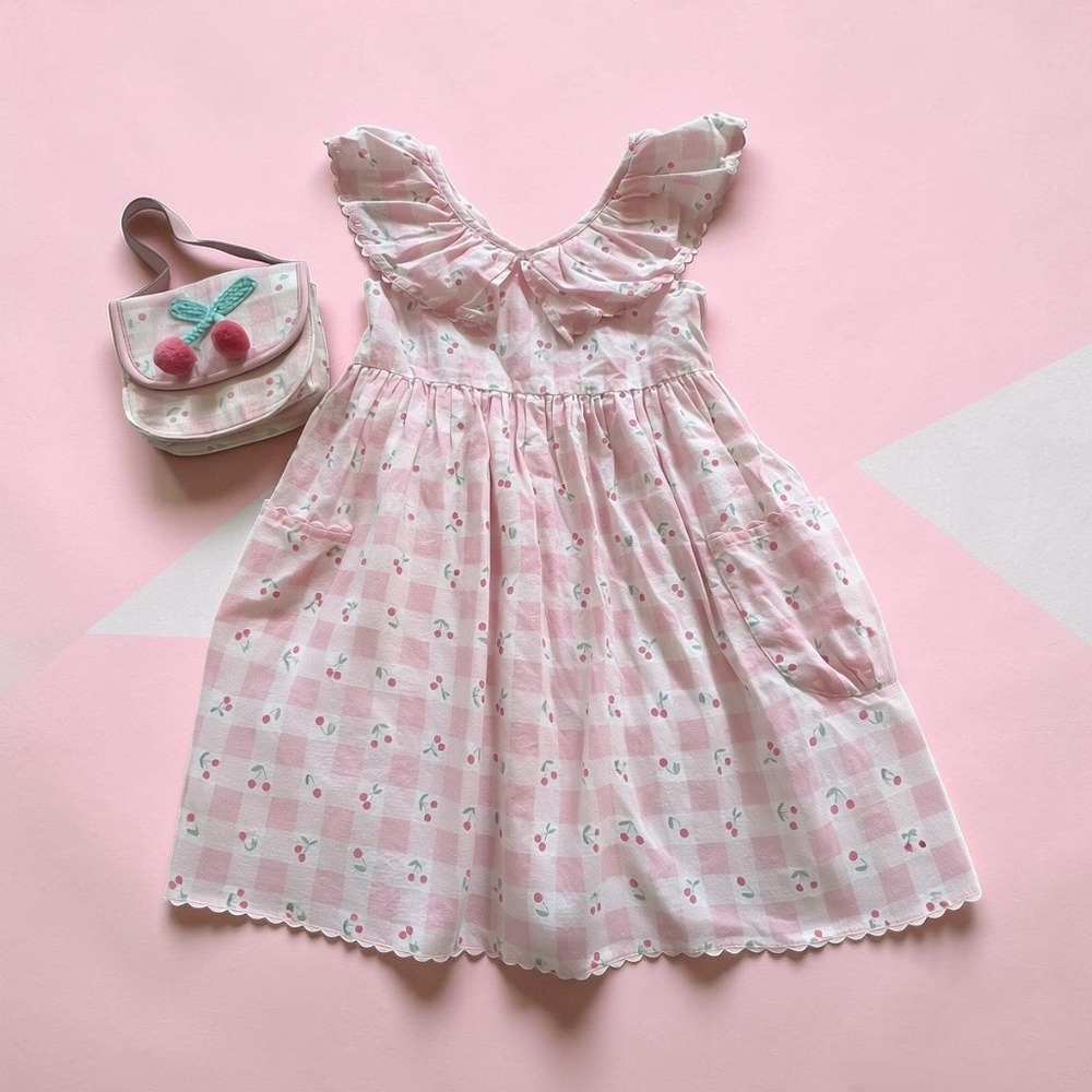 Catherine Malandrino Girls Pink Gingham Cherry Print Dress Purse Set Size 5‎
